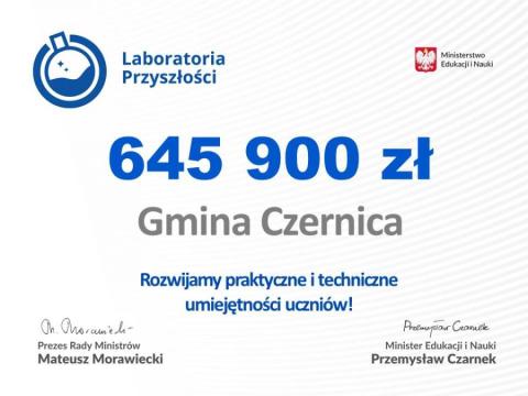 Gmina Czernica w ramach Programu Laboratoria Przyszłości otrzymała wsparcie w wysokości 645 900 zł.