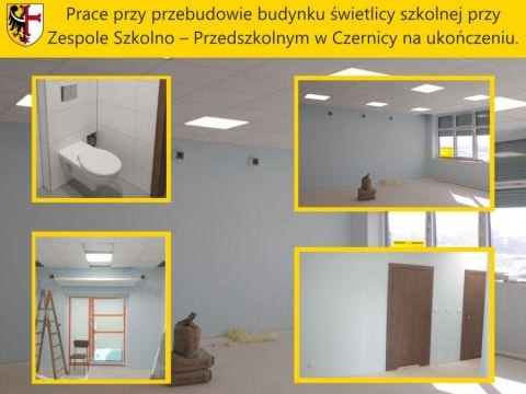 Prace przy przebudowie budynku świetlicy szkolnej przy Zespole Szkolno – Przedszkolnym w Czernicy na ukończeniu.