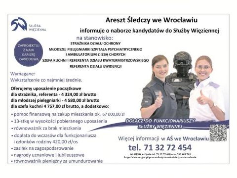 Areszt Śledczy we Wrocławiu informuje o naborze kandydatów do Służby Więziennej.