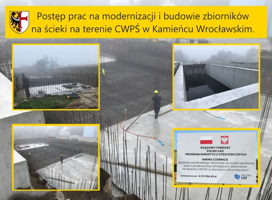 Postęp prac na modernizacji i budowie zbiorników na ścieki na terenie CWPŚ w Kamieńcu Wrocławskim.