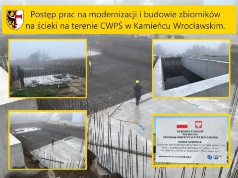 Postęp prac na modernizacji i budowie zbiorników na ścieki na terenie CWPŚ w Kamieńcu Wrocławskim.