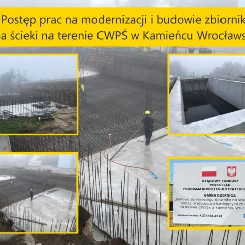 Postęp prac na modernizacji i budowie zbiorników na ścieki na terenie CWPŚ w Kamieńcu Wrocławskim.