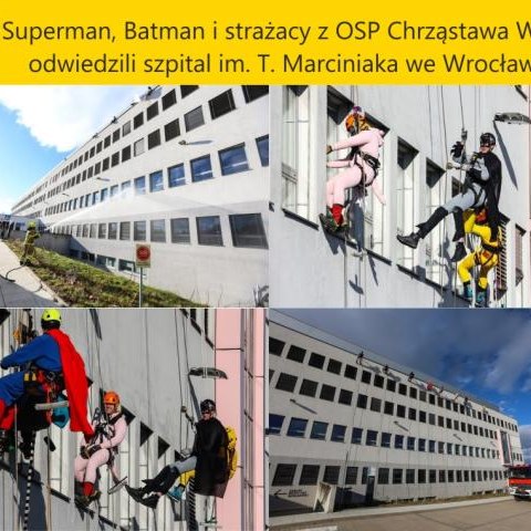 Superman, Batman i strażacy z OSP Chrząstawa Wielka odwiedzili szpital im. T. Marciniaka we Wrocławiu.