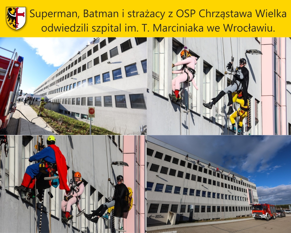 Superman, Batman i strażacy z OSP Chrząstawa Wielka odwiedzili szpital im. T. Marciniaka we Wrocławiu.