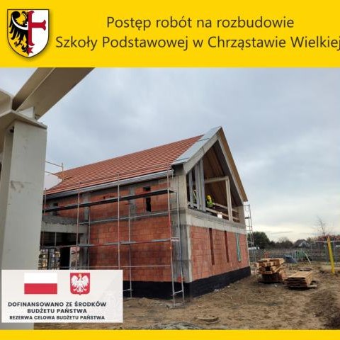 Postęp robót na rozbudowie Szkoły Podstawowej w Chrząstawie Wielkiej.