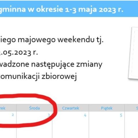 Komunikacja gminna w okresie 1-3 maja 2023 r.