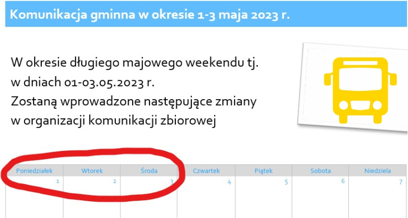 Komunikacja gminna w okresie 1-3 maja 2023 r.
