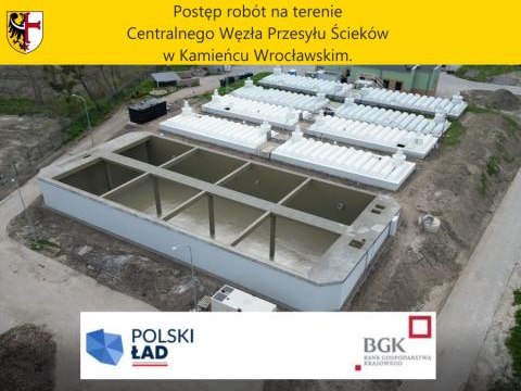 Postęp robót na terenie Centralnego Węzła Przesyłu Ścieków w Kamieńcu Wrocławskim.