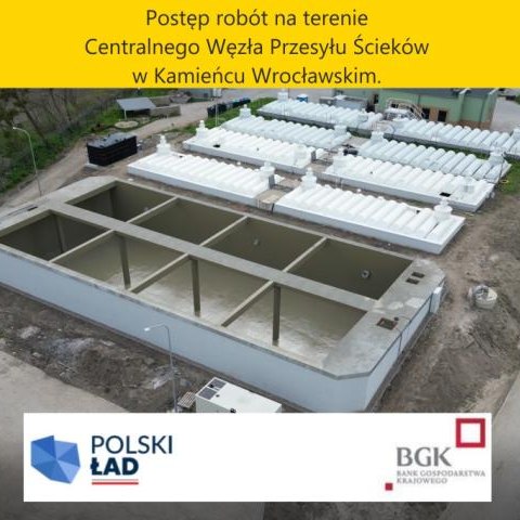 Postęp robót na terenie Centralnego Węzła Przesyłu Ścieków w Kamieńcu Wrocławskim.