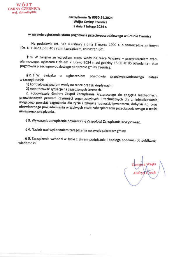Ogłoszenie stanu pogotowia przeciwpowodziowego w Gminie Czernica