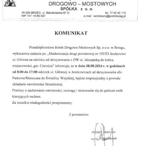 Uwaga mieszkańcy Jeszkowic.