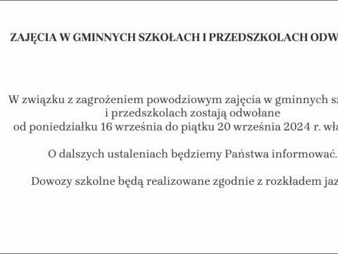 ZAJĘCIA W GMINNYCH SZKOŁACH I PRZEDSZKOLACH ODWOŁANE