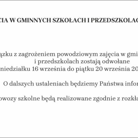 ZAJĘCIA W GMINNYCH SZKOŁACH I PRZEDSZKOLACH ODWOŁANE