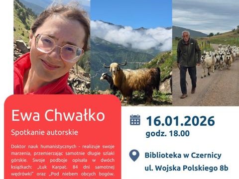 W imieniu Gminnej Biblioteki Publicznej w Czernicy serdecznie zapraszamy już w najbliższy piątek na spotkanie autorskie z Ewą Chwałko, mieszkanką naszej gminy!